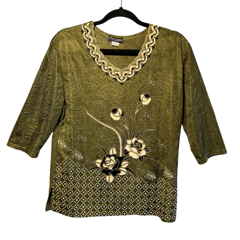 Vintage T-C Fashion Olive Green Floral Textured Top Womens L‎ Boho